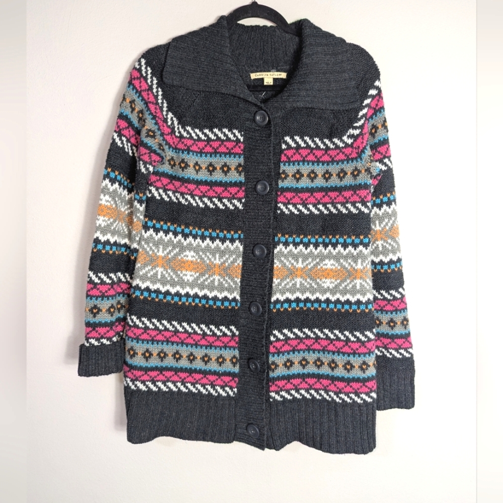 L Carolyn Taylor Fair Isle Striped Button Down Cardigan Sweater